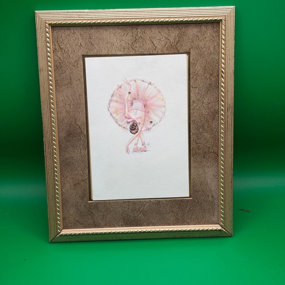 PR Signed Original Mixed Media Ballerina Dancer 11x9 Framed Ballet Wall Art Gold
